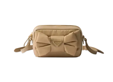 PRADA Re-Nylon and Nappa Leather Mini Shoulder Bag with Bow "Beige"