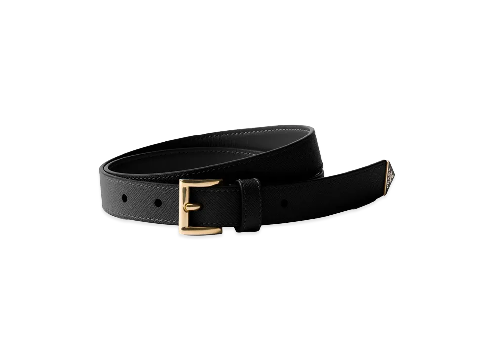 PRADA Women's Saffiano Leather Belt With Enameled Triangle Logo "Black"