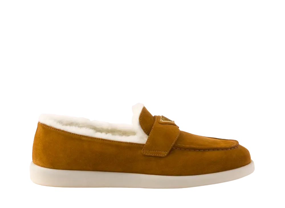 PRADA Women's Suede and Shearling Loafers "Cognac"