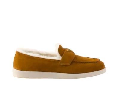 PRADA Women's Suede and Shearling Loafers "Cognac"