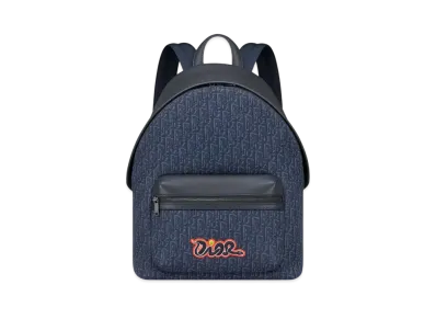 Dior x KAWS Rider 2.0 Zipped Backpack Grained Calfskin and Dior Oblique "Navy Blue/Vermilion Red"