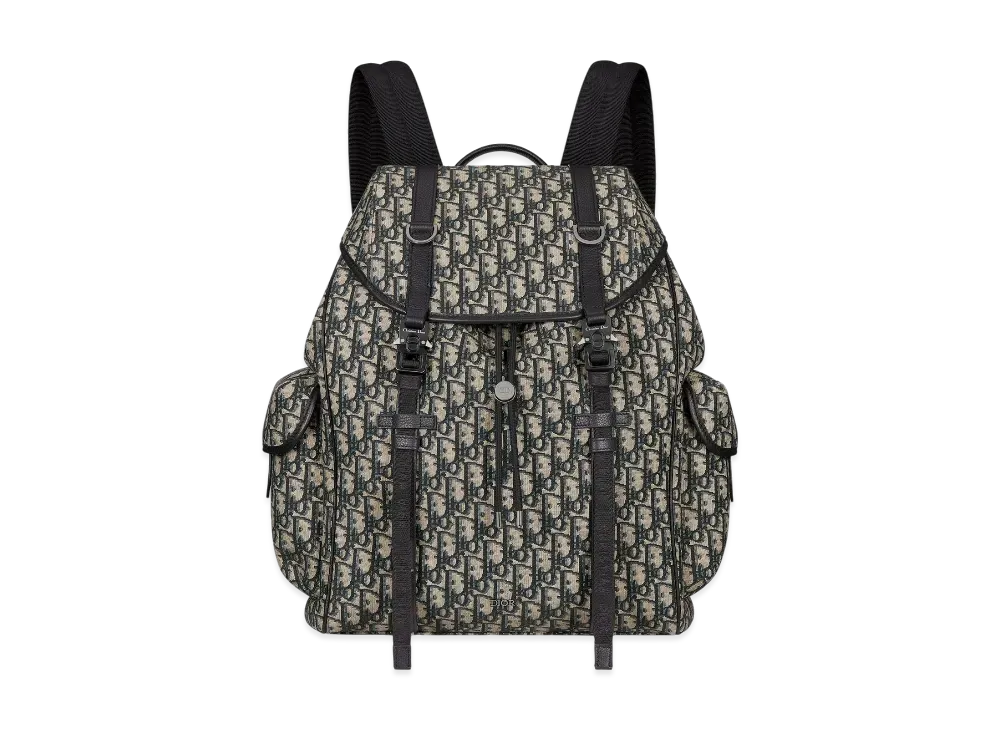 Dior Hit the Road Backpack with Flap Dior Oblique Jacquard with Grained Calfskin "Beige/Black"