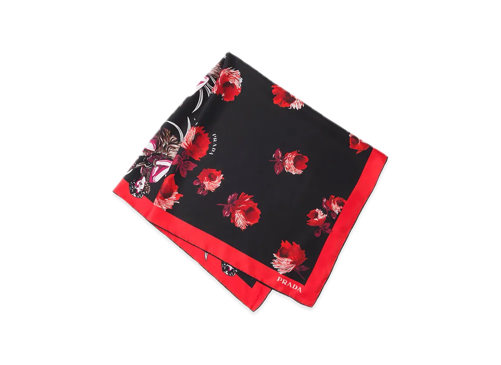 PRADA Double Match Hawaii Print Silk Scarf 90 x 90 "Red/Black"