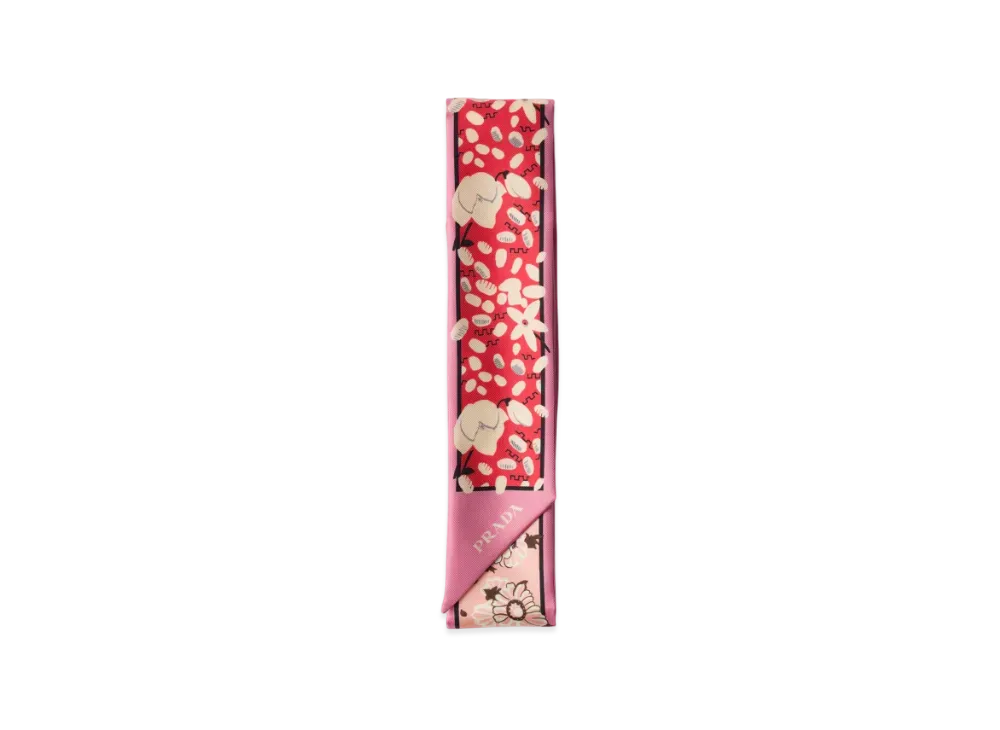 PRADA Printed Silk Twill Skinny Scarf "Pink/Red"