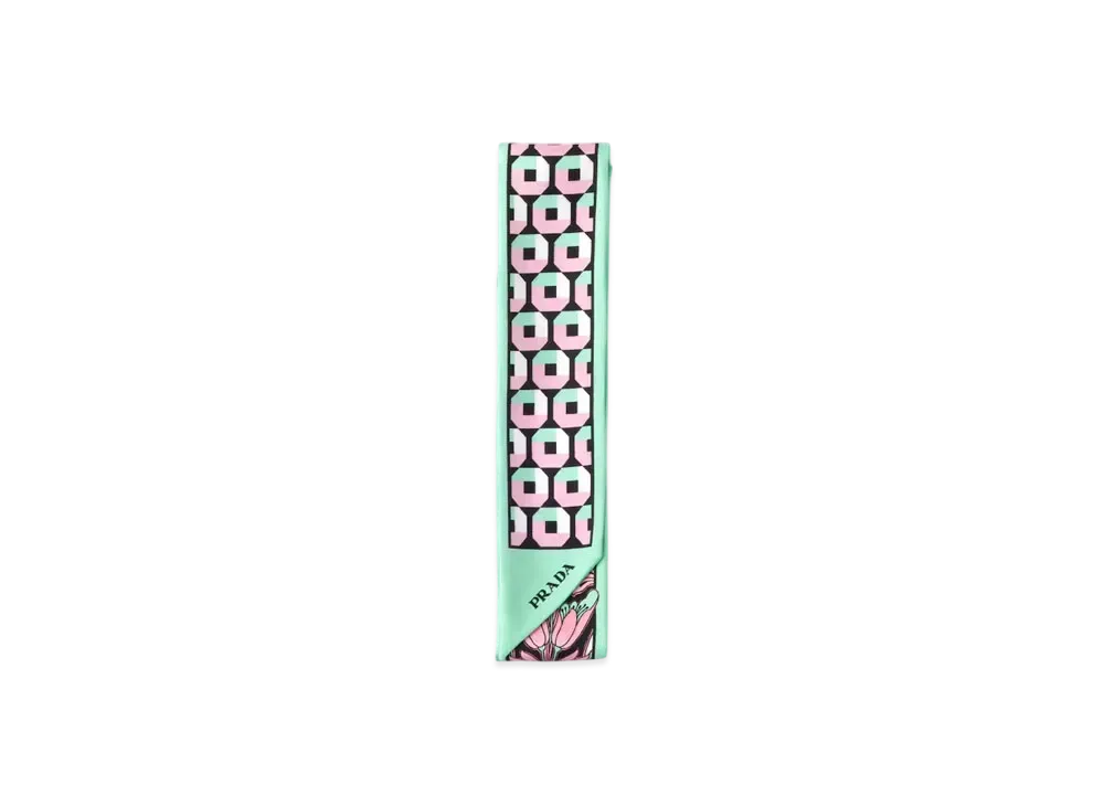 PRADA Printed Silk Twill Skinny Scarf "Mint/Petalas"