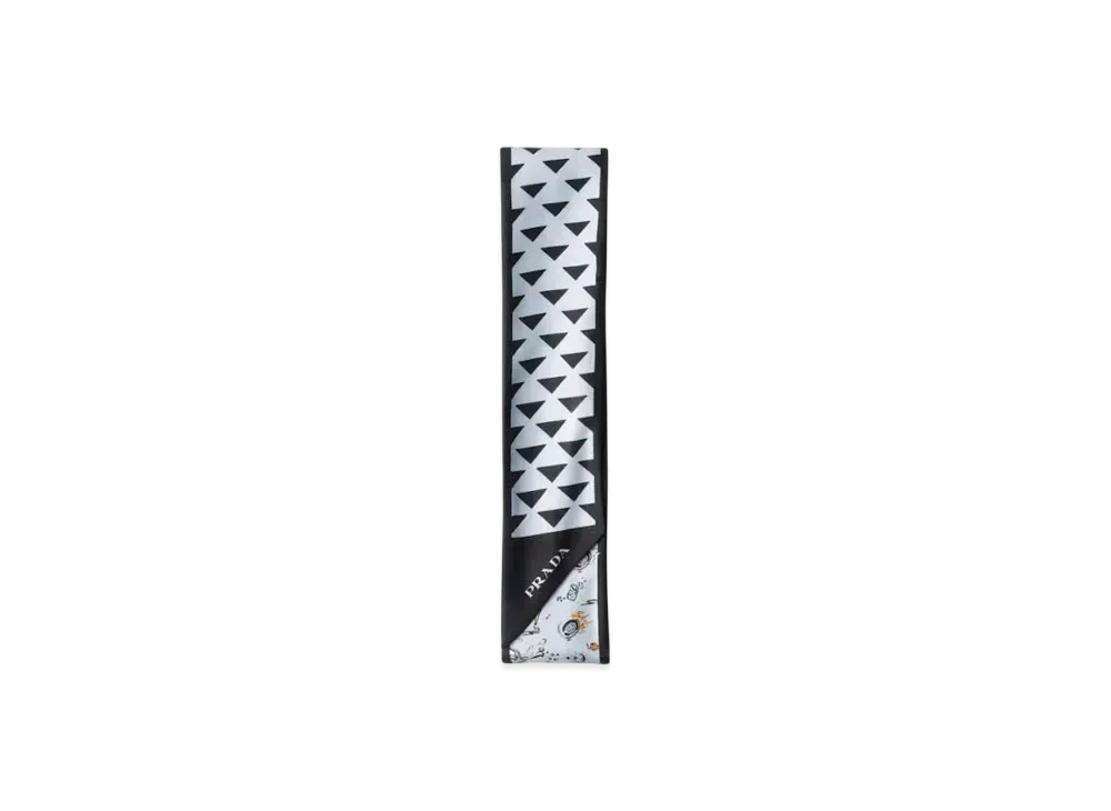 PRADA Printed Silk Twill Skinny Scarf "Black/Sky Blue"
