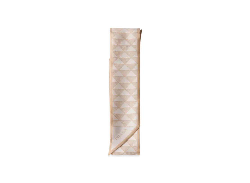 PRADA Printed Silk Skinny Scarf "Camel Beige/Off White"