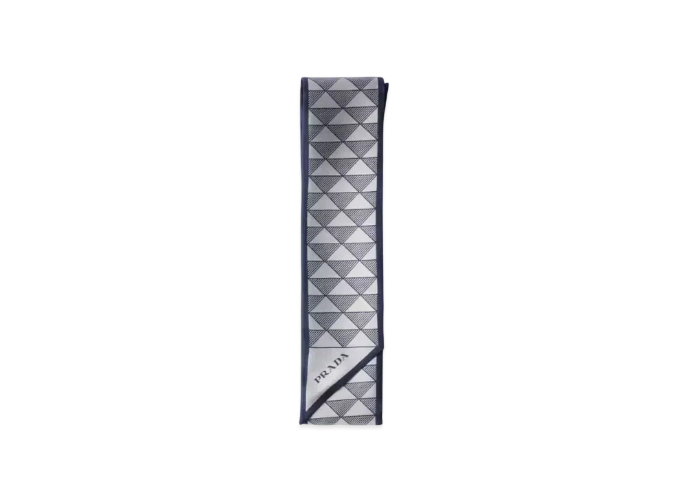 PRADA Printed Silk Skinny Scarf "Navy/Off White"