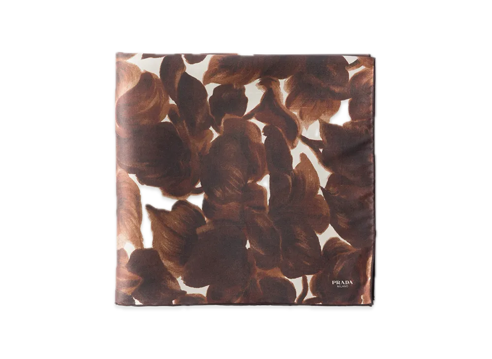 PRADA Printed Silk Shantung Scarf 65 x 65 "Dark Brown/White"