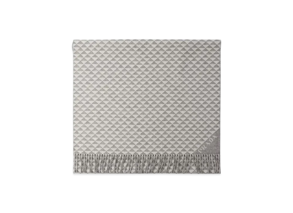 PRADA Symbole Double Wool and Cashmere Stole "Gray/White"