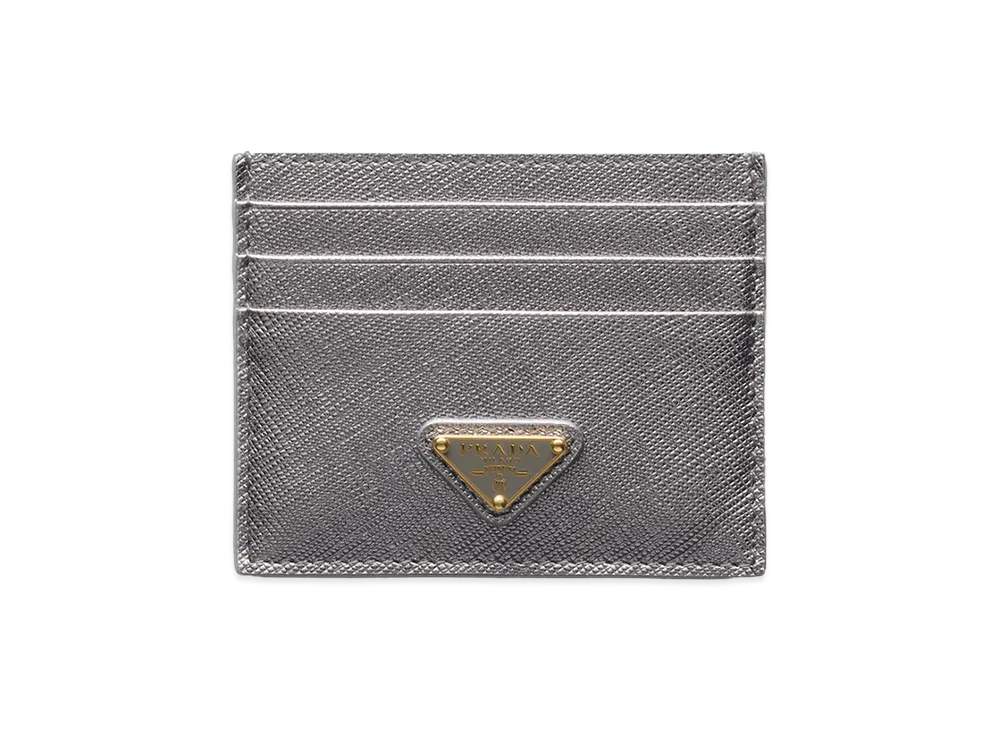 PRADA Saffiano Triangle Card Holder "Chrome Silver"