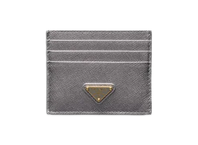 PRADA Saffiano Triangle Card Holder "Chrome Silver"