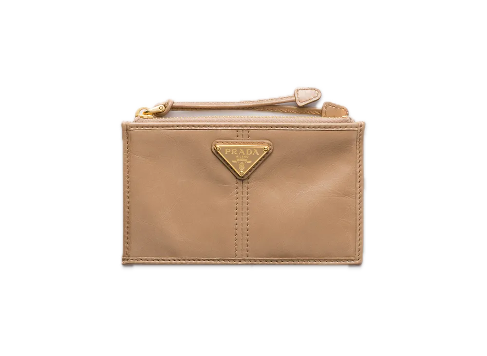 PRADA Leather Card Case with Zipper "Cameo Beige"