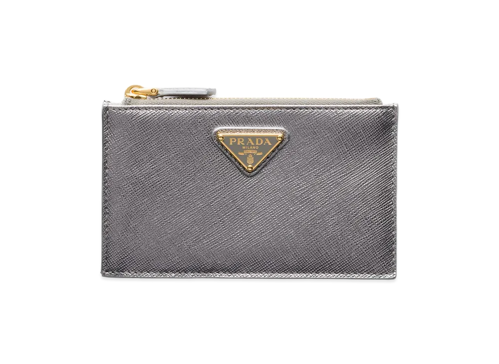 PRADA Saffiano Triangle Card Case "Chrome Silver"