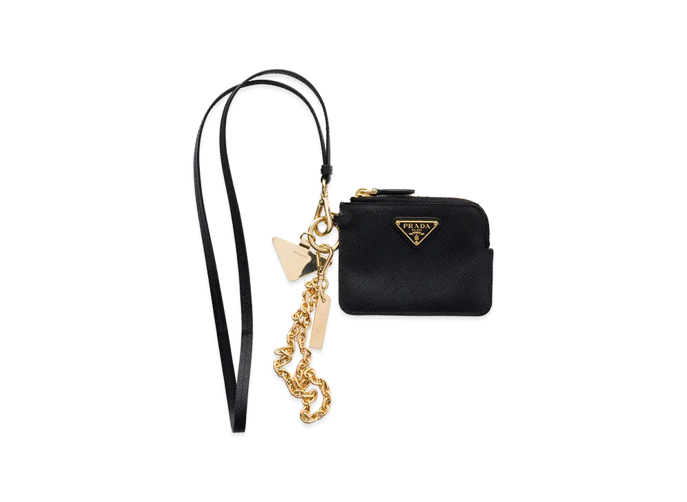 PRADA Saffiano Leather Card Case with Shoulder Strap "Black"