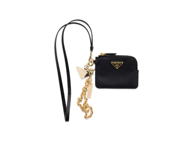 PRADA Saffiano Leather Card Case with Shoulder Strap "Black"