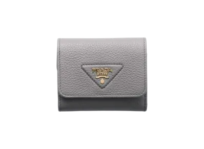 PRADA Vitello Daino Leather Mini Wallet "Light Gray"