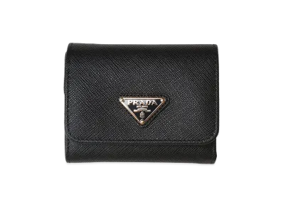 PRADA Women's Saffiano Triangle Logo Bifold Wallet "Black"