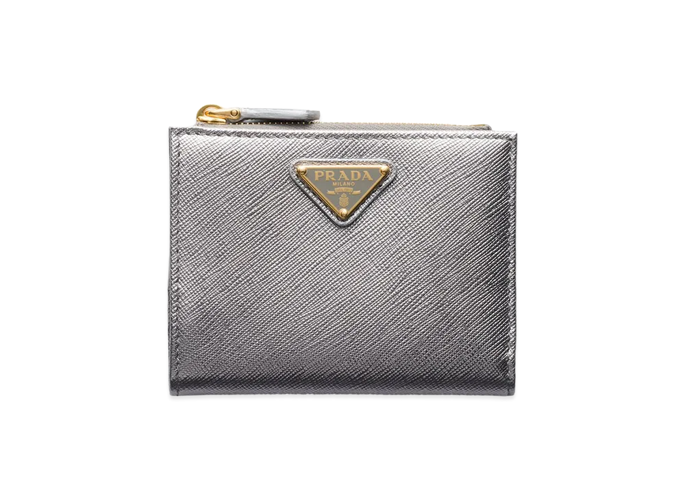 PRADA Saffiano Triangle Wallet "Chrome Silver"