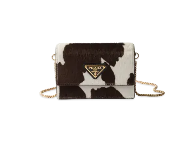 PRADA Printed Leather Card Holder with Shoulder Strap "White/Dark Brown"