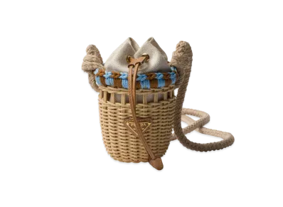 PRADA Wicker and Linen-Blend Mini-Bag "Beige/Blue"