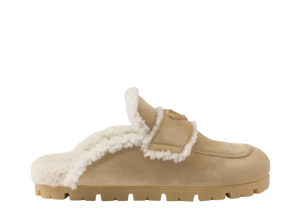 PRADA Women's Suede and Shearling Slippers "Beige"
