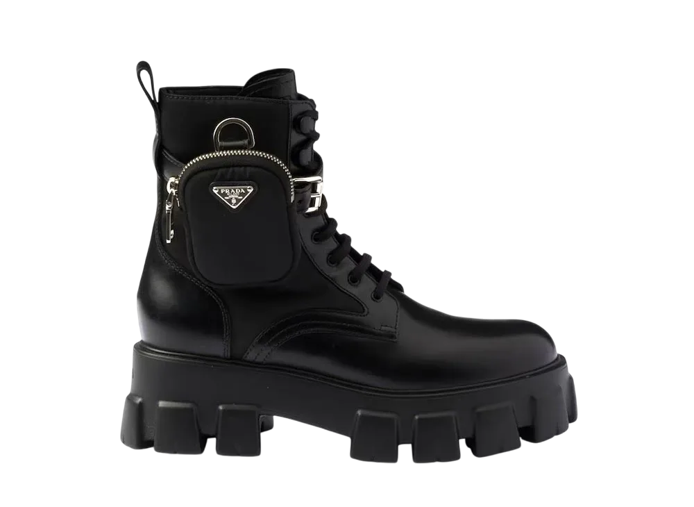PRADA Women's Monolith Leather and Re-Nylon Boots with Pouch "Black"