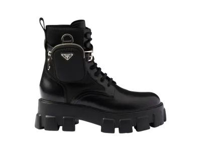 PRADA Women's Monolith Leather and Re-Nylon Boots with Pouch "Black"