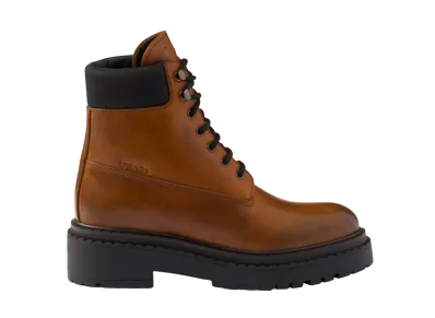 PRADA Women's Leather and Re-Nylon Booties "Cognac"