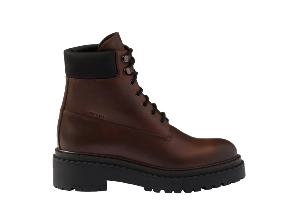 PRADA Women's Leather and Re-Nylon Booties "Dark Brown"
