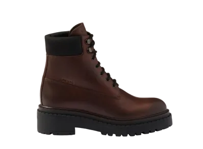 PRADA Women's Leather and Re-Nylon Booties "Dark Brown"