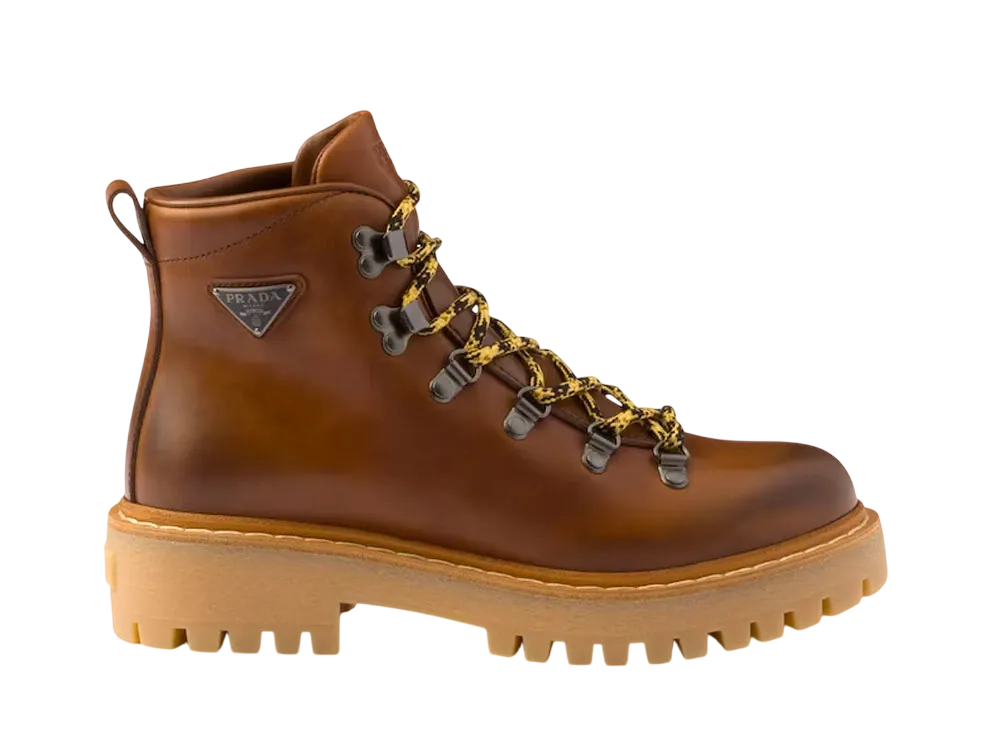 PRADA Women's Leather Laced Booties "Cognac"
