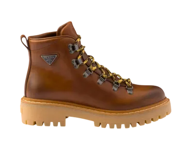 PRADA Women's Leather Laced Booties "Cognac"