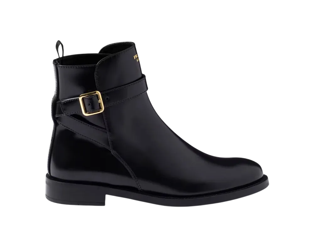 PRADA Women's Brushed Leather Ankle Boots with Strap "Black"