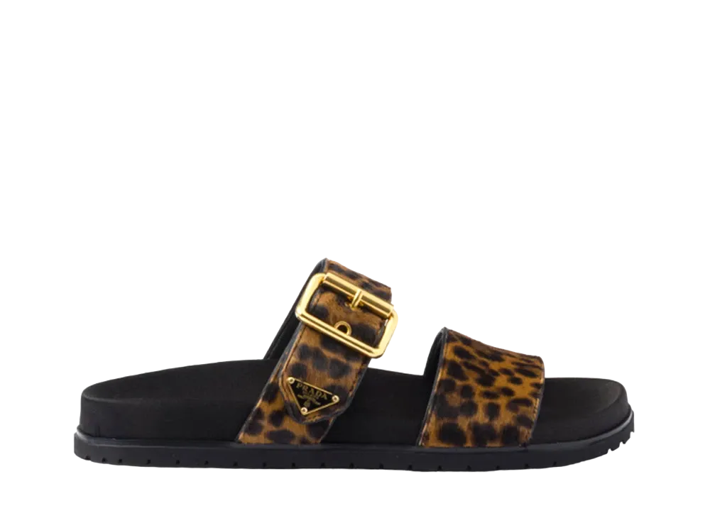 PRADA Women's Printed Leather Slides "Beige"