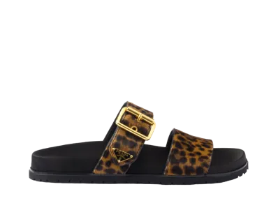 PRADA Women's Printed Leather Slides "Beige"