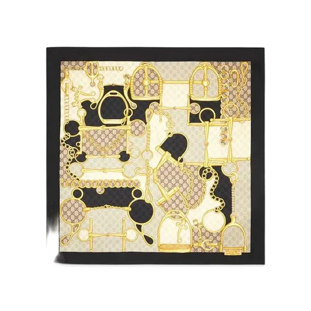 GUCCI GG Horsebit Silk Scarf "Black/Beige"