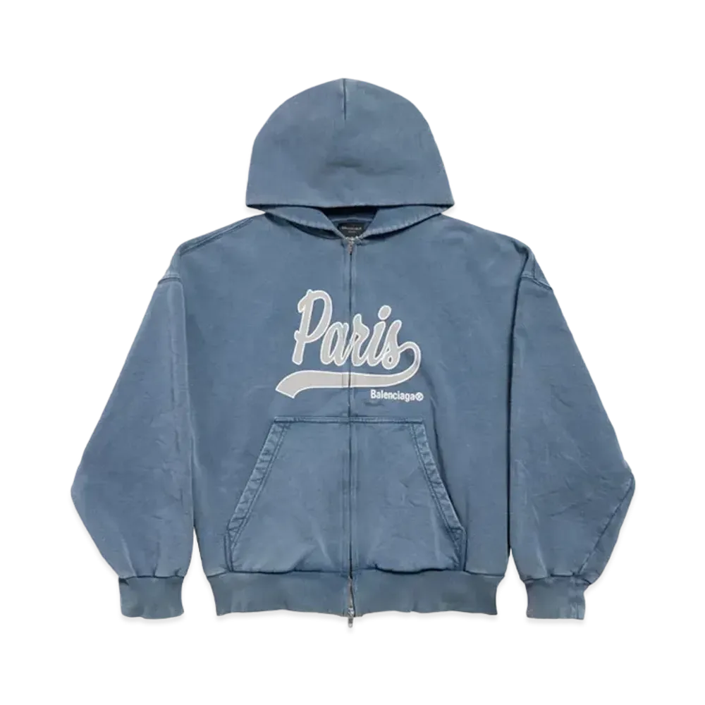 BALENCIAGA Enjoy Paris Zip-Up Hoodie Regular Fit in Archetype Fleece "Faded Blue"