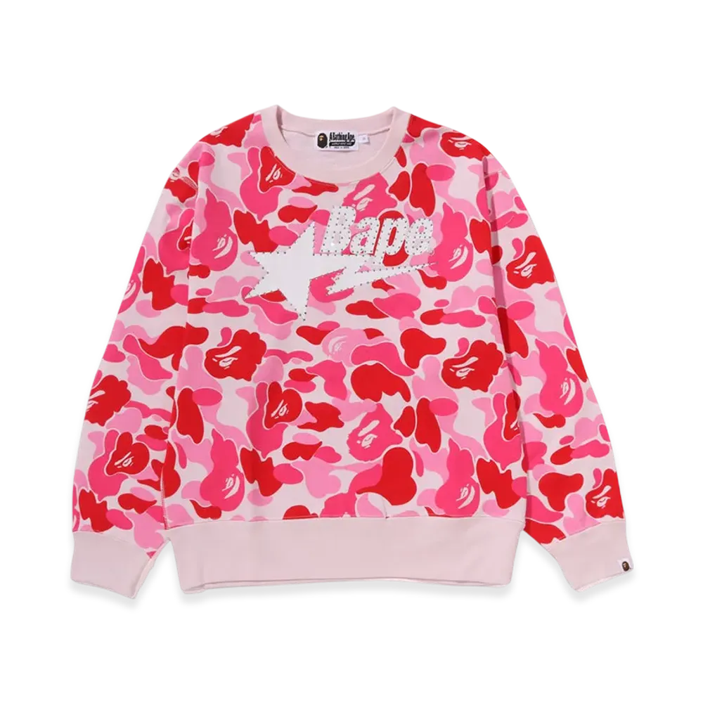 A BATHING APE ABC Camo Rhinestone Bape STA Crewneck Sweatshirt "Pink"