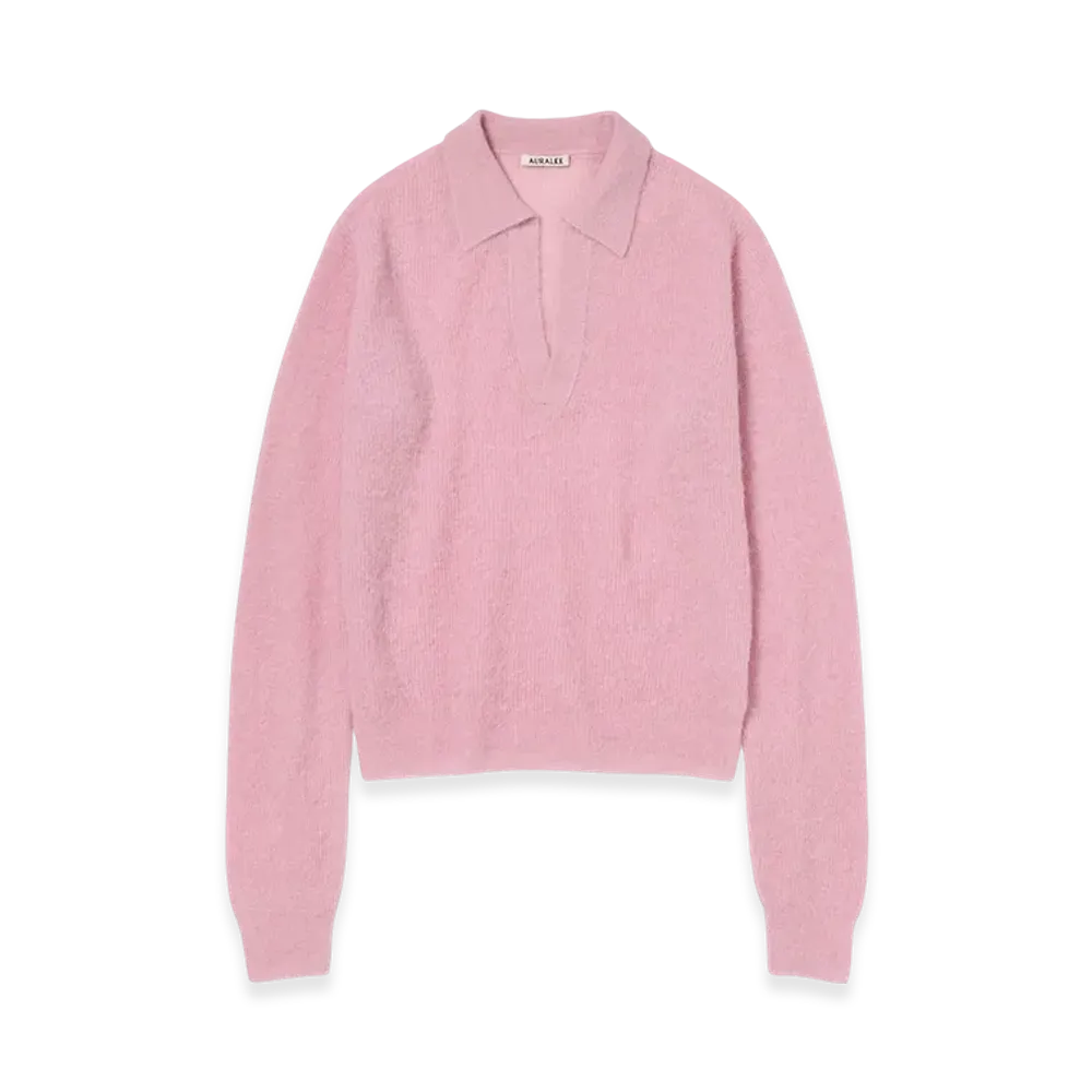 AURALEE Baby Suri Alpaca Sheer Knit Skipper Polo "Pink"