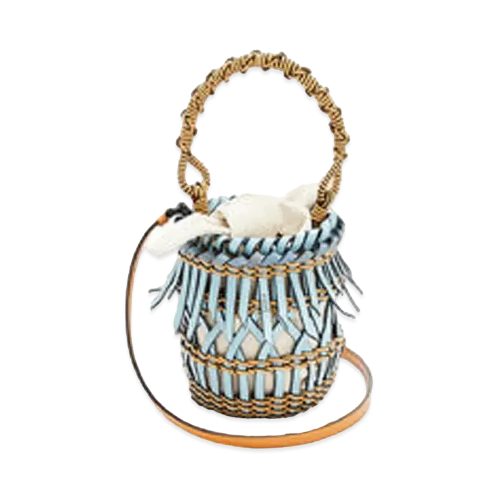 LOEWE Small Fringes Bucket Bag In Calfskin "Light Blue/Honey"