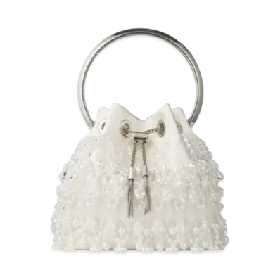 Jimmy Choo Bon Bon Satin Bag With Pearl Embroidery And Metal Handle "Latte"