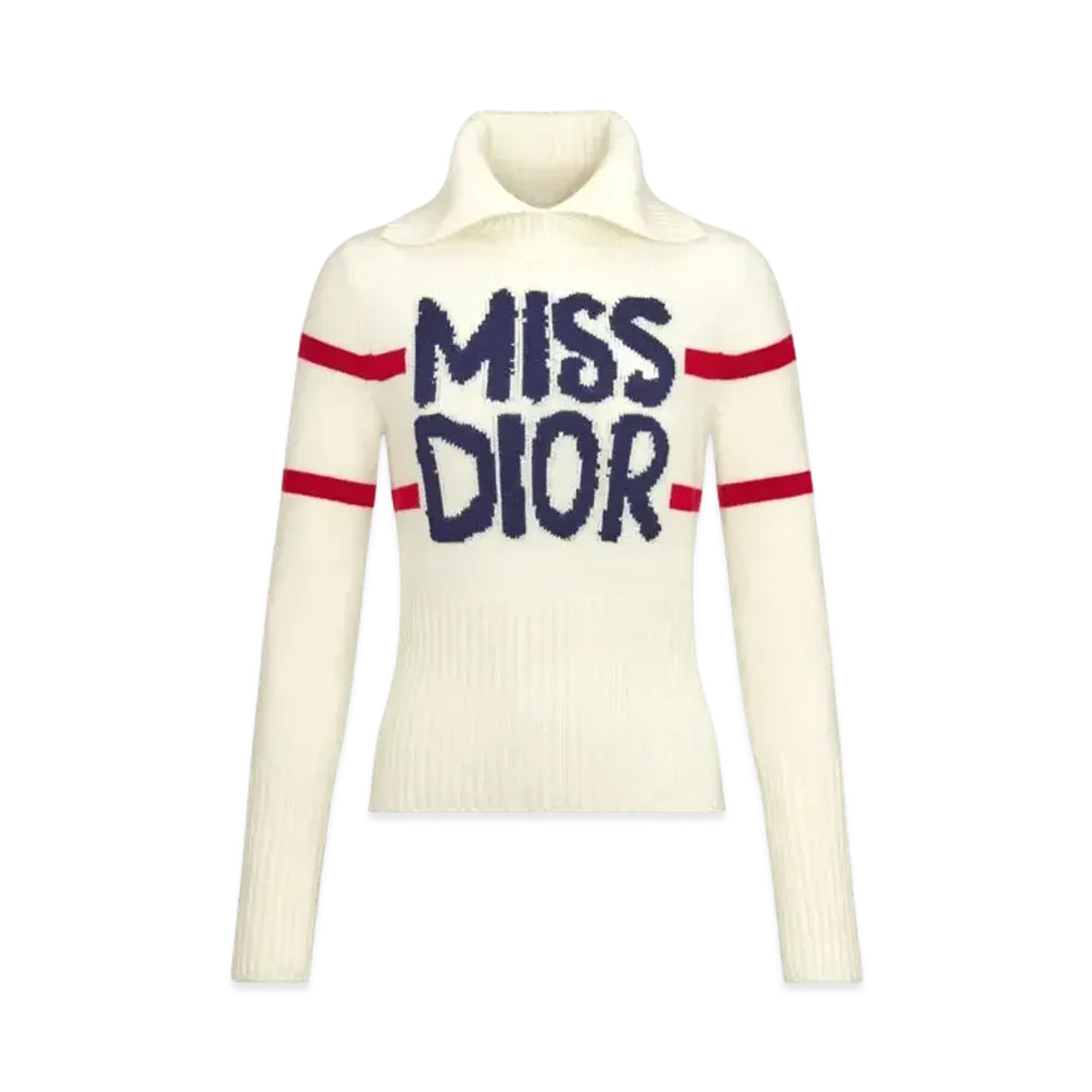 Dior DiorAlps Mock Neck Sweater Virgin Wool and Cashmere Knit with Miss Dior Graffiti Motif "White/Blue"