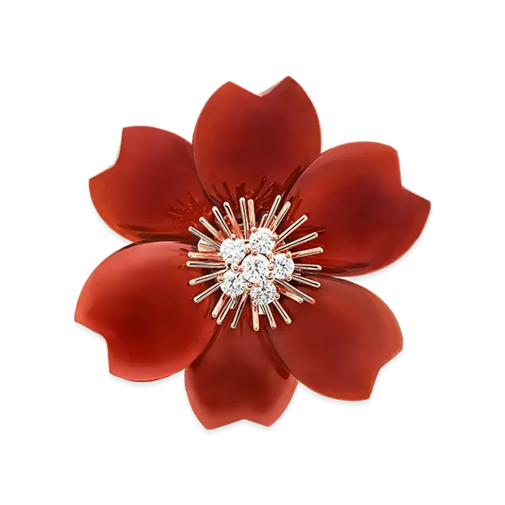 Van Cleef & Arpels Rose de Noel clip medium model "18K Rose gold/Carnelian/Diamond"
