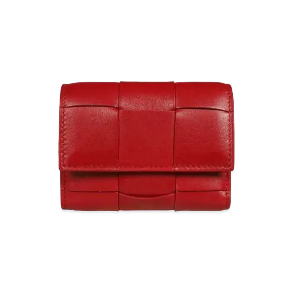 Bottega Veneta Casette Maxi Intrecciato Lambskin Calfskin Zip Trifold Wallet "Dark Red"