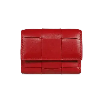 Bottega Veneta Casette Maxi Intrecciato Lambskin Calfskin Zip Trifold Wallet "Dark Red"
