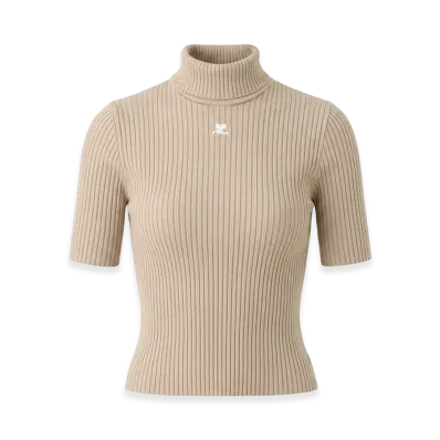 Courreges Women's Reedition Short Sleeve Ribbed Knit Sweater "Cappuccino"