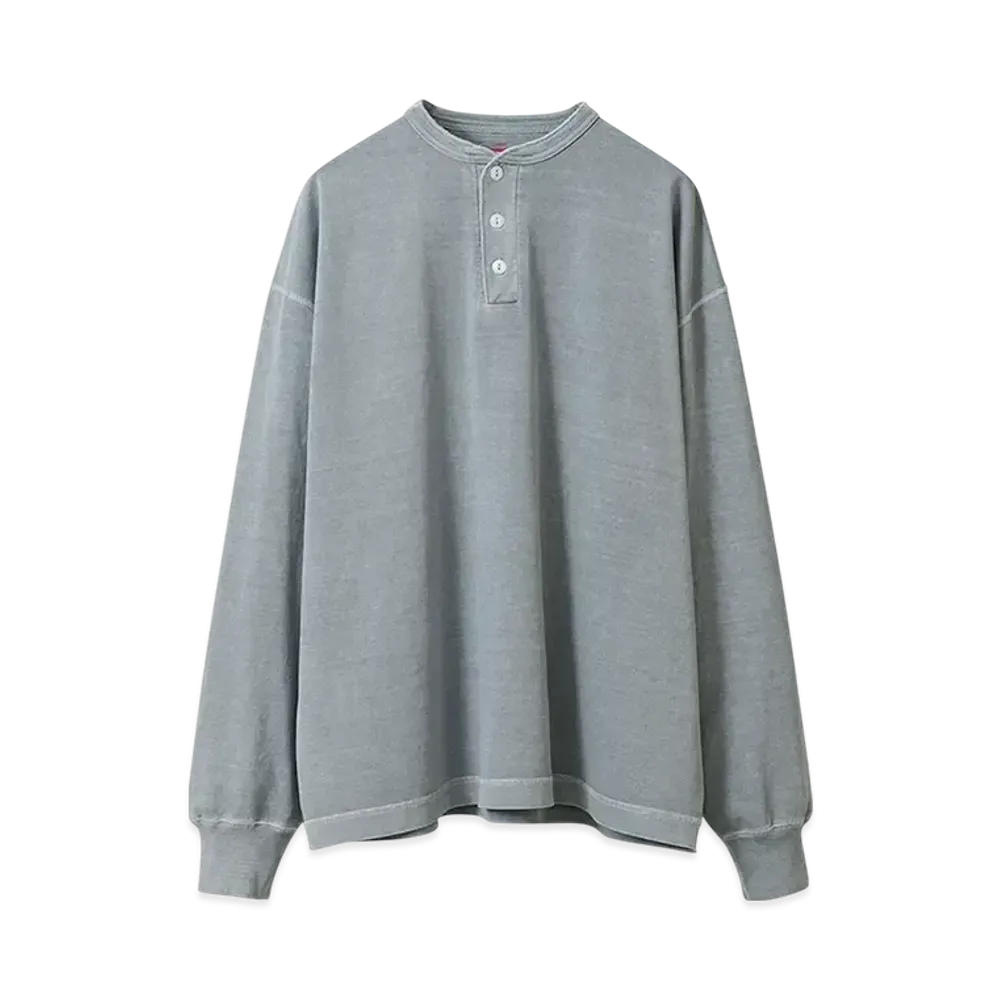 Healthknit Henley Neck Garment Dye Long Sleeve T-shirt "Gray"
