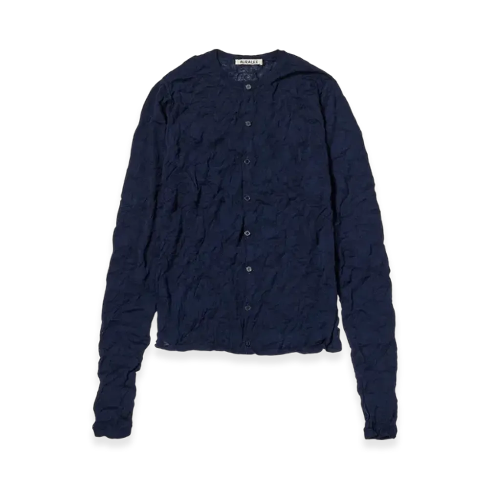 AURALEE Wrinkled Wool Polyester High Gauge Knit Crew Neck Cardigan "Navy"