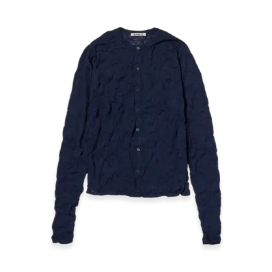 AURALEE Wrinkled Wool Polyester High Gauge Knit Crew Neck Cardigan "Navy"